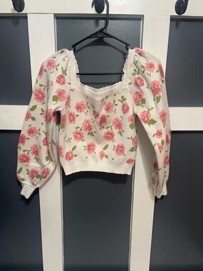 Floral Square Neck Puff Sleeve Sweater Top - White/Pink